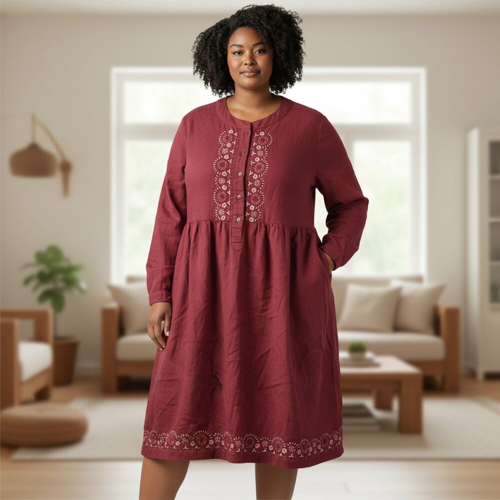 Vintage 90s Burgundy Red Floral Embroidered Long Sleeve Midi Dress Size 22